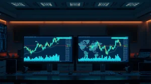 Cryptocurrency trading charts on multiple monitors in a dark newsroom, representing altcoin market analysis.