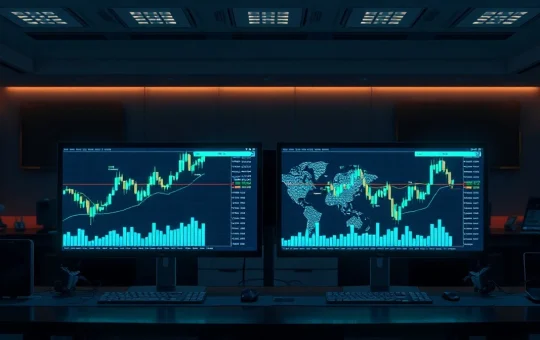 Cryptocurrency trading charts on multiple monitors in a dark newsroom, representing altcoin market analysis.