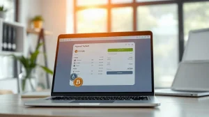 A laptop screen showing a cryptocurrency payment gateway interface with Bitcoin and stablecoin options