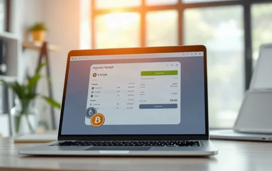 A laptop screen showing a cryptocurrency payment gateway interface with Bitcoin and stablecoin options