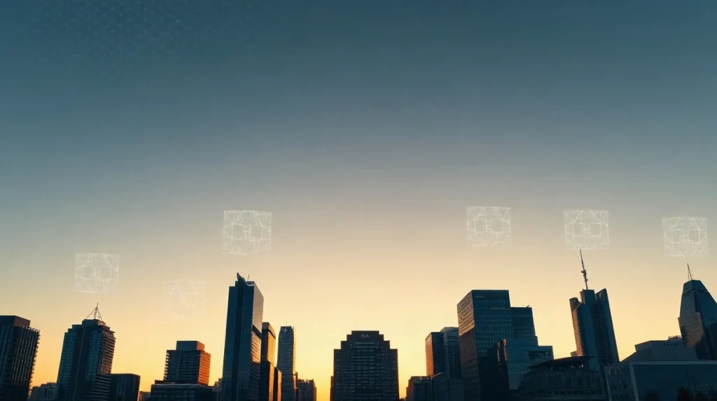 Skyline with digital overlay representing real-world asset tokenization on blockchain networks
