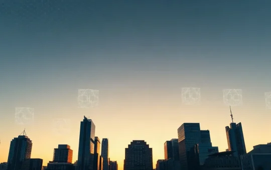 Skyline with digital overlay representing real-world asset tokenization on blockchain networks