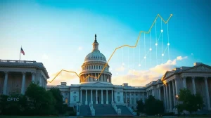 CFTC headquarters and U.S. Capitol with digital blockchain overlay representing Hyperliquid regulation talks