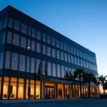 Exterior of Trump Media headquarters building in Florida at dusk