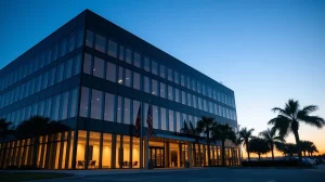 Exterior of Trump Media headquarters building in Florida at dusk