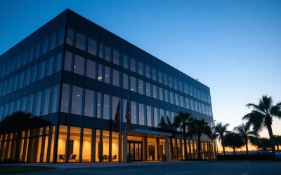 Exterior of Trump Media headquarters building in Florida at dusk