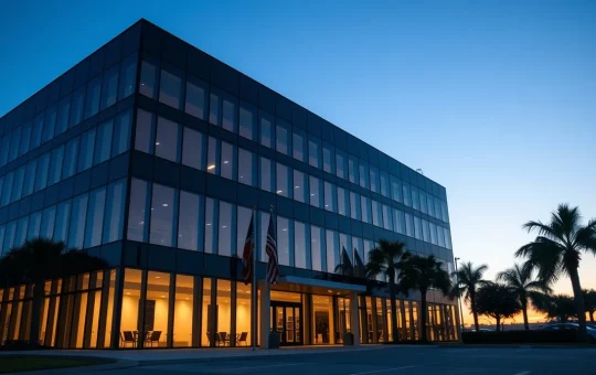 Exterior of Trump Media headquarters building in Florida at dusk