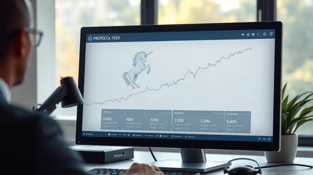 Dashboard showing rising Uniswap protocol fees with unicorn logo on screen