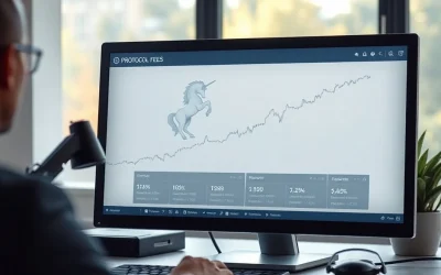 Dashboard showing rising Uniswap protocol fees with unicorn logo on screen