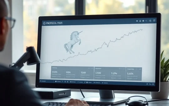 Dashboard showing rising Uniswap protocol fees with unicorn logo on screen