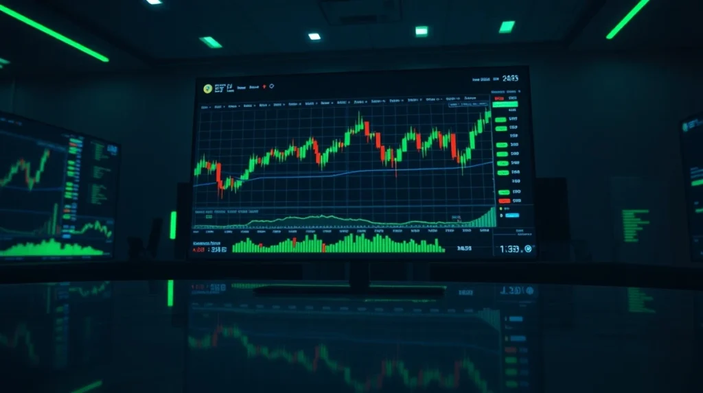 Upbit exchange listing announcement with trading charts on screen