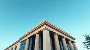 Modern bank building with digital network overlay symbolizing BankChain Alliance blockchain infrastructure