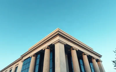 Modern bank building with digital network overlay symbolizing BankChain Alliance blockchain infrastructure