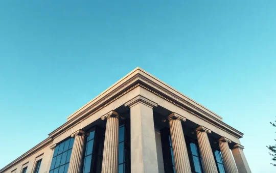 Modern bank building with digital network overlay symbolizing BankChain Alliance blockchain infrastructure