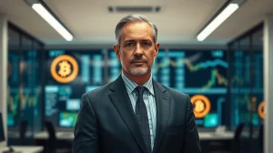 Maksym Sakharov, CEO of WeFi, in a modern fintech office, discussing stablecoin adoption.