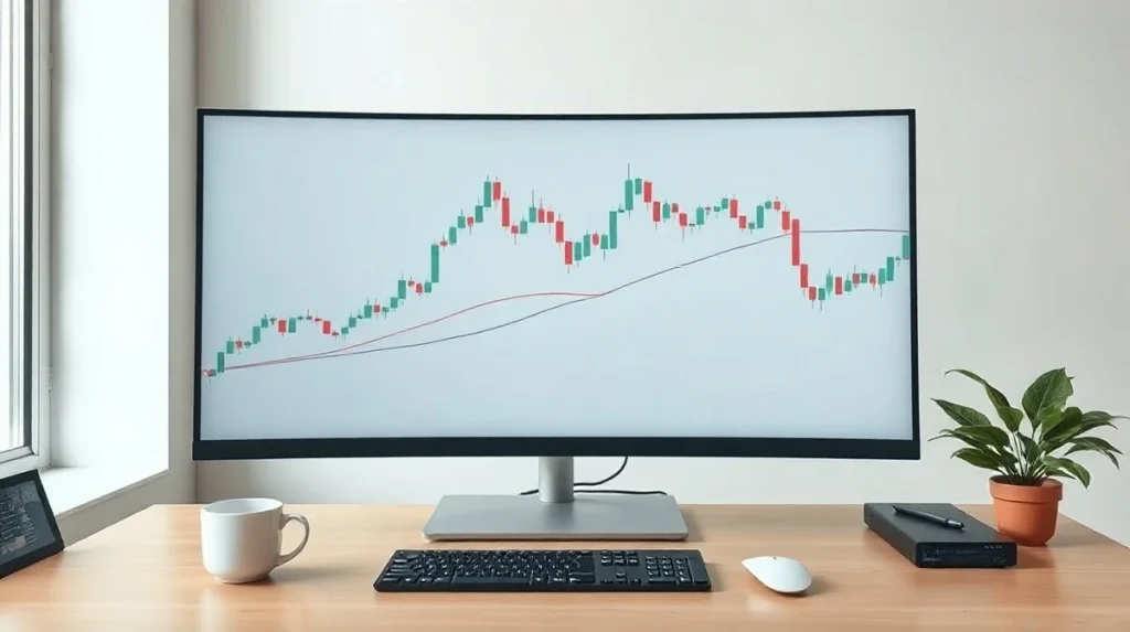 Modern trading desk with monitor displaying candlestick chart and grid pattern, representing WhiteBIT automated spot trading bots.