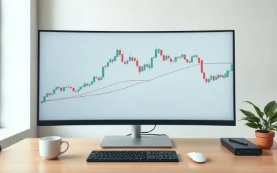 Modern trading desk with monitor displaying candlestick chart and grid pattern, representing WhiteBIT automated spot trading bots.