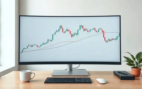 Modern trading desk with monitor displaying candlestick chart and grid pattern, representing WhiteBIT automated spot trading bots.