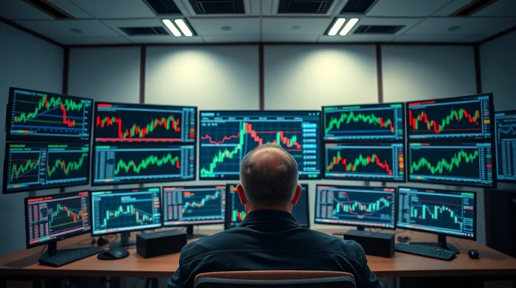 Trader monitoring altcoin charts on multiple screens in a modern office