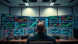Trader monitoring altcoin charts on multiple screens in a modern office