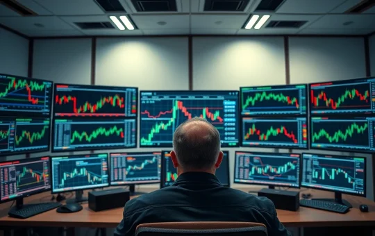 Trader monitoring altcoin charts on multiple screens in a modern office