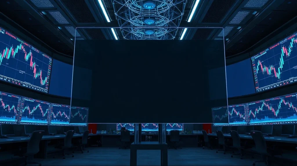 Trading floor with screens showing charts and a blockchain overlay, symbolizing Hyperliquid's expansion risks