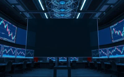 Trading floor with screens showing charts and a blockchain overlay, symbolizing Hyperliquid's expansion risks