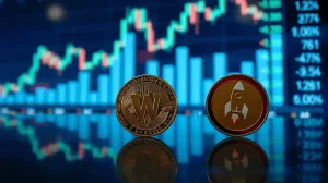 Worldcoin and Pump.fun tokens with bullish price charts in background