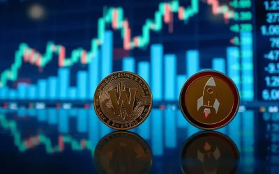 Worldcoin and Pump.fun tokens with bullish price charts in background