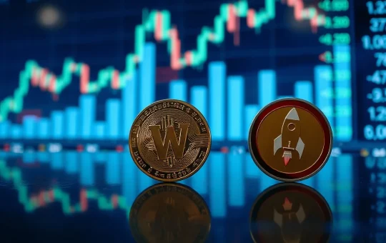 Worldcoin and Pump.fun tokens with bullish price charts in background