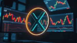 XRP symbol displayed on a trading screen with candlestick charts in the background