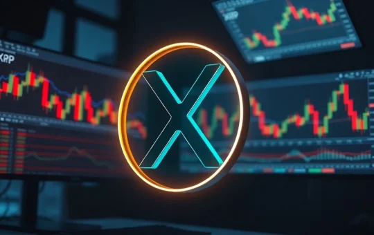 XRP symbol displayed on a trading screen with candlestick charts in the background