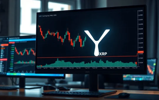 XRP price chart showing a decline below $1 on a trading monitor