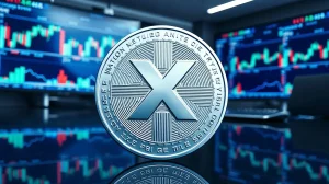 XRP token on reflective surface with blurred trading charts in background