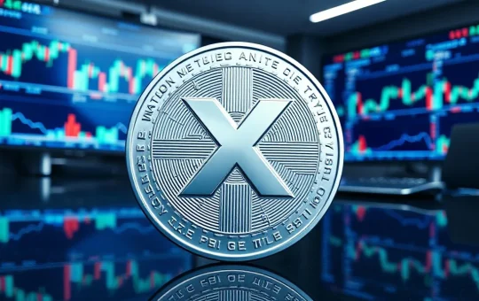 XRP token on reflective surface with blurred trading charts in background