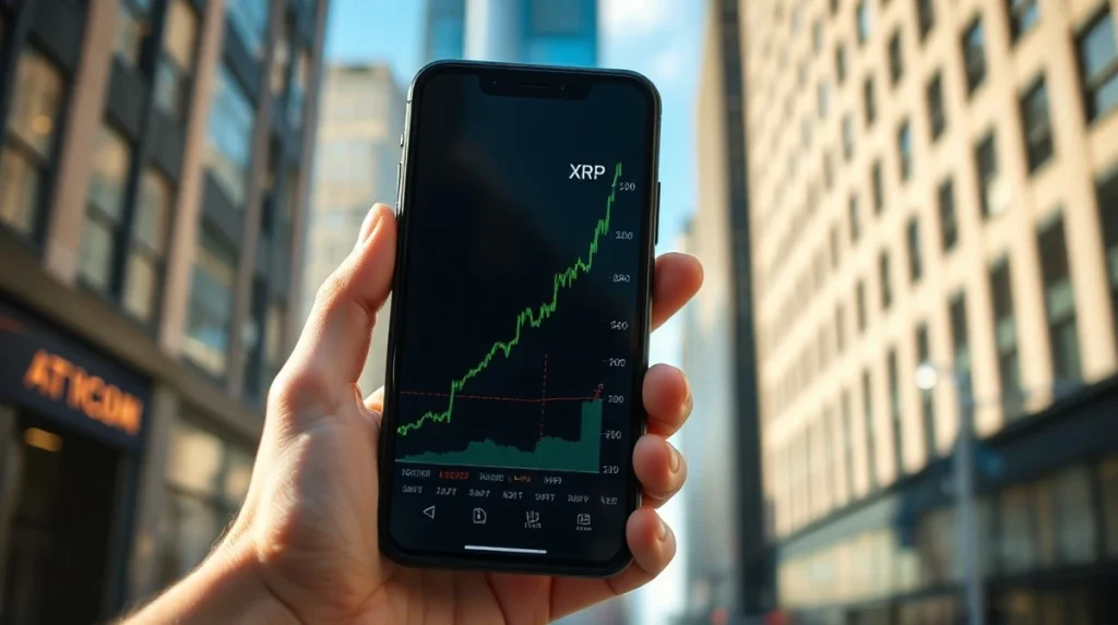 Smartphone displaying an upward XRP price chart against a modern financial district background