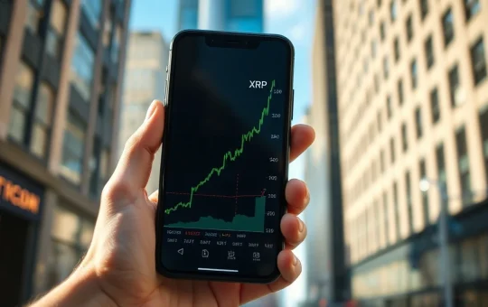 Smartphone displaying an upward XRP price chart against a modern financial district background