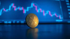 XRP token coin on reflective surface with cryptocurrency chart background