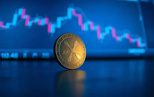 XRP token coin on reflective surface with cryptocurrency chart background