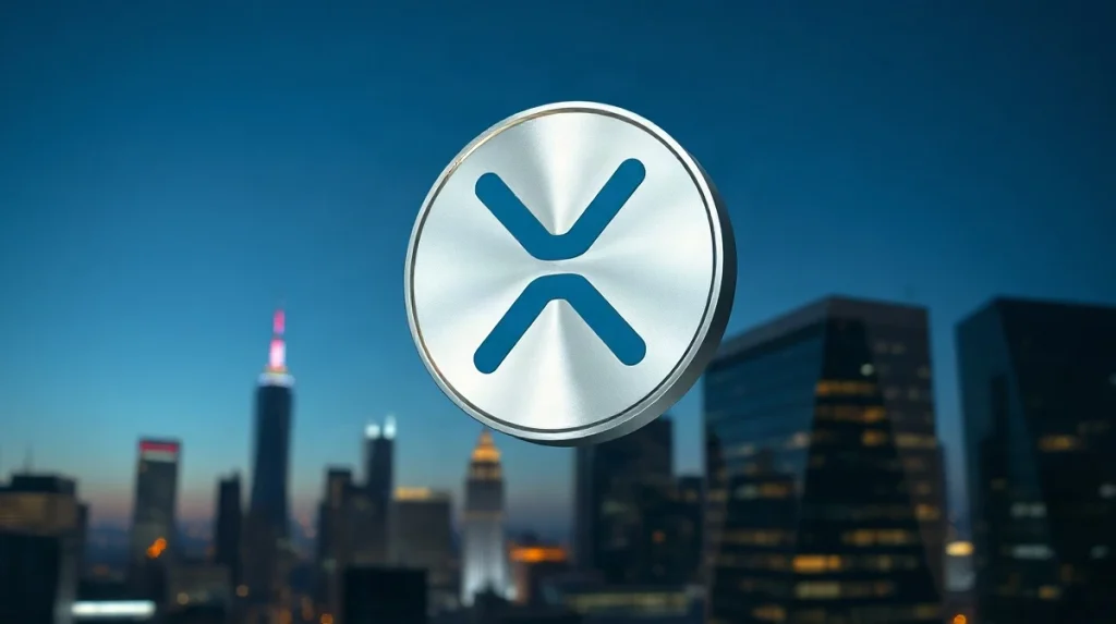 XRP token symbol floating above a city skyline at dusk, representing the recent price surge