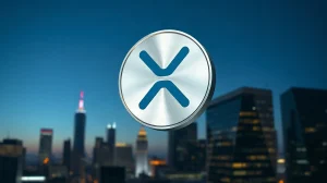 XRP token symbol floating above a city skyline at dusk, representing the recent price surge