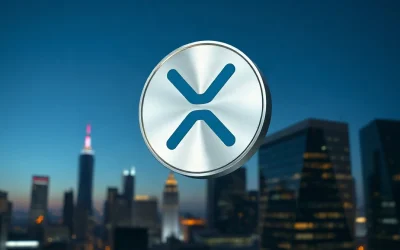 XRP token symbol floating above a city skyline at dusk, representing the recent price surge