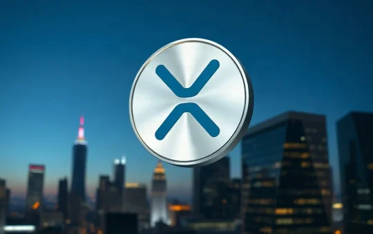 XRP token symbol floating above a city skyline at dusk, representing the recent price surge