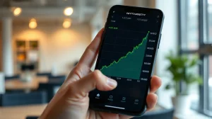 Smartphone displaying a rising crypto price chart in a bright office setting