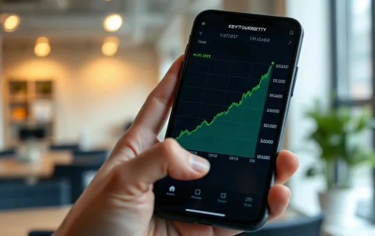 Smartphone displaying a rising crypto price chart in a bright office setting