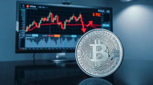 XRP coin on reflective surface with bearish chart in background
