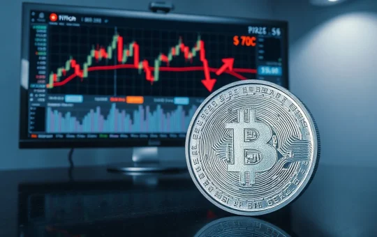 XRP coin on reflective surface with bearish chart in background