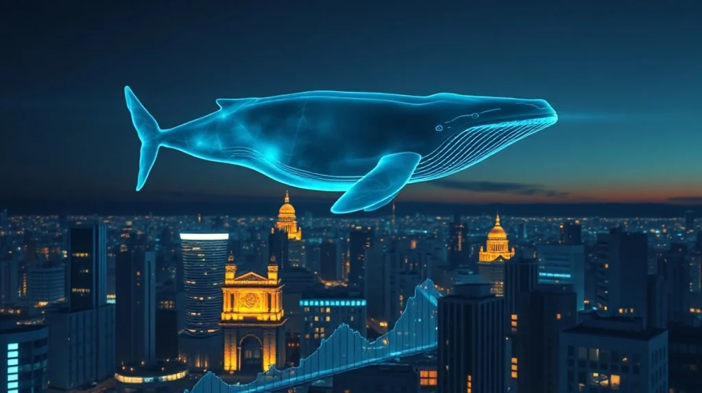 Digital whale silhouette hovering over financial charts representing XRP whale wallet concentration.