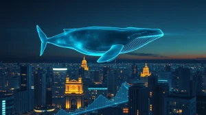 Digital whale silhouette hovering over financial charts representing XRP whale wallet concentration.