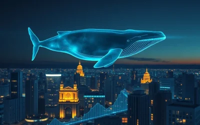 Digital whale silhouette hovering over financial charts representing XRP whale wallet concentration.